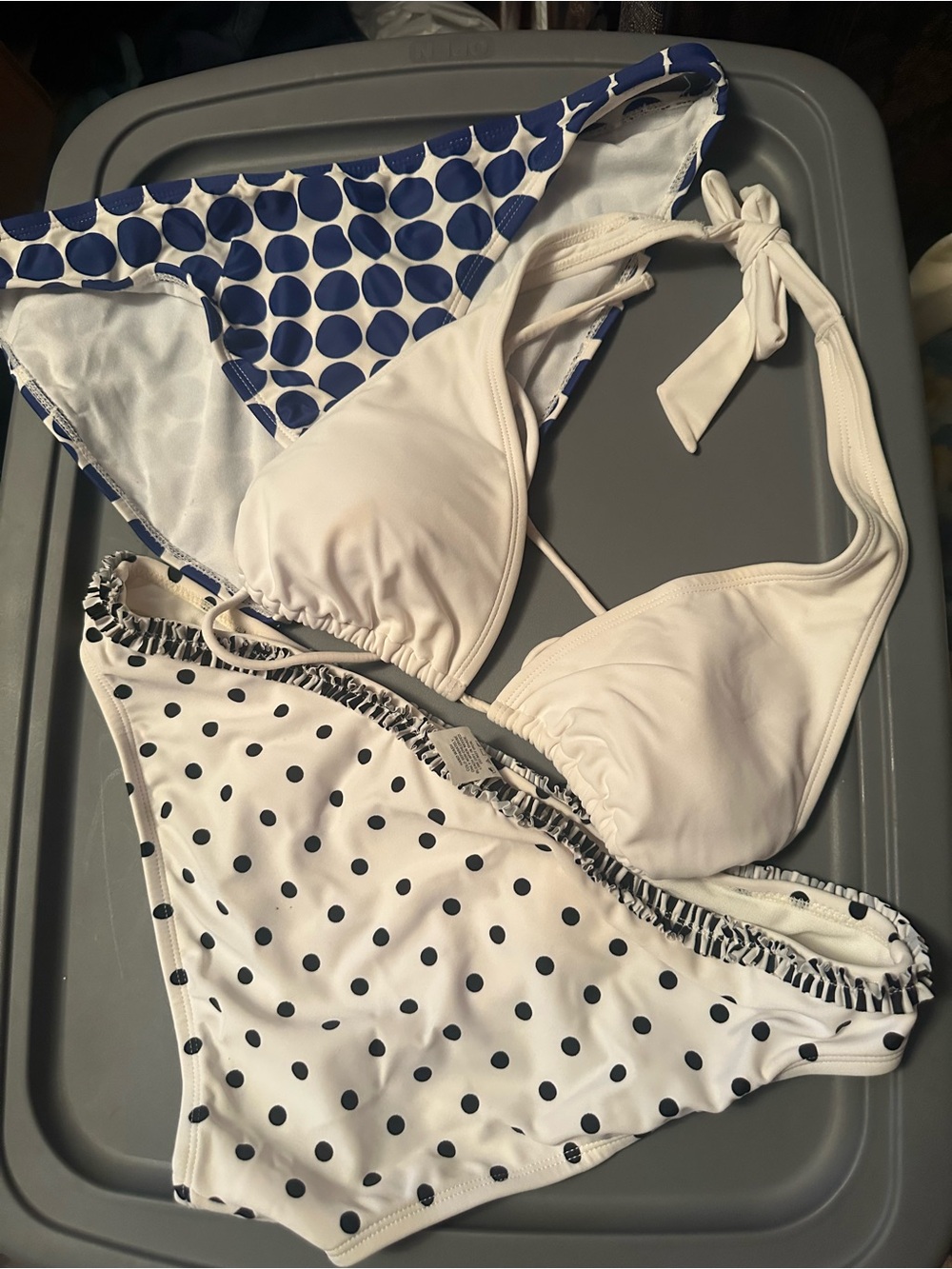 White Halter Bikini Top with Navy Polka Dot Bottoms Xl 15/17